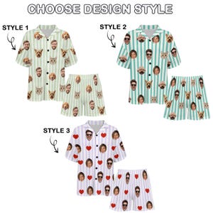 May include: Three sets of short-sleeved button-down shirts and shorts featuring custom photo prints. Style 1 has light green stripes, Style 2 has teal stripes, and Style 3 has purple stripes with red hearts. Text reads CHOOSE DESIGN STYLE.