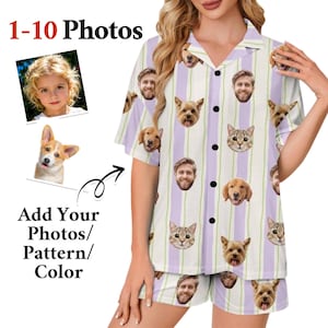 May include: A short-sleeved button-down pajama shirt and matching shorts set featuring a vertical lavender and white striped pattern. The fabric is printed with a repeating collage of various human faces, dogs, and cats as a custom design.