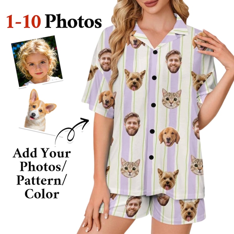 May include: A short-sleeved button-down pajama shirt and matching shorts set featuring a vertical lavender and white striped pattern. The fabric is printed with a repeating collage of various human faces, dogs, and cats as a custom design.