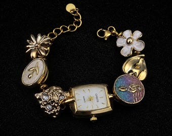 Gold Floral Charm Bracelet Watch for Women, Vintage Style Jewelry Watch, Dainty Flower Bangle Wristwatch Gift, Elegant Wrist Watch for Her