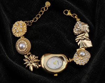 Gold Charm Bracelet Watch, Pearl Flower Wristwatch, Vintage Inspired Jewelry Watch, Statement Bracelet, Elegant Birthday Gift for Her
