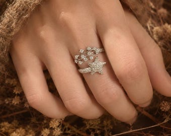 Celestial Star Ring Silver Moon Ring Stackable Rings Dainty Galaxy Jewelry Women Cosmic Ring Vintage Inspired Gift Minimalist Star Jewelry