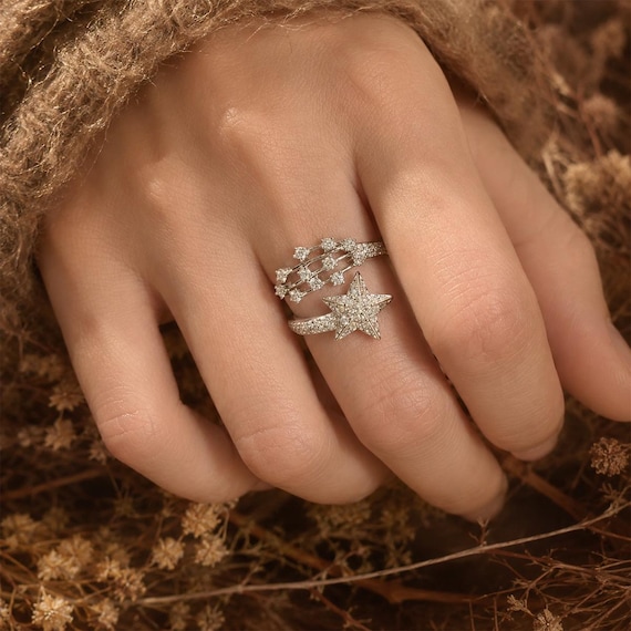 Celestial Star Ring Silver Moon Ring Stackable Rings Dainty Galaxy Jewelry Women Cosmic Ring Vintage Inspired Gift Minimalist Star Jewelry