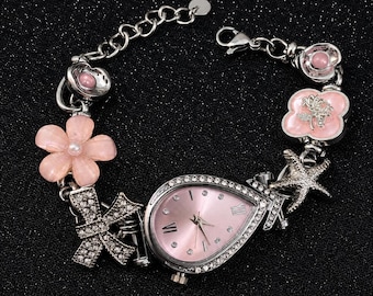 Cute Pink Charm Bracelet Watch for Women, Flower Starfish Bow Wristwatch, Silver Tone Teardrop Dial, Coquette Jewelry Birthday Gift for Her