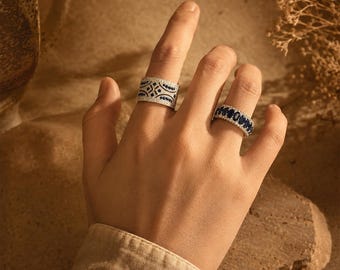 Vintage Blue Stone Ring For Women, Boho Statement Ring, Antique Inspired Wide Band Ring, Silver Color Gemstone Ring, Retro Jewelry