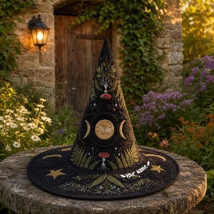 May include: A black pointed hat featuring intricate embroidery of moon phases, ferns, and red mushrooms. The fabric displays a quilted texture with gold-colored stars and crescent moons on the wide brim. The text "your name" is embroidered in white.