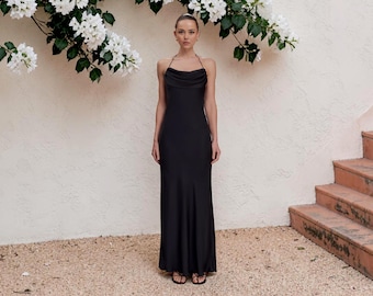 Satin Maxi Cowl Front with A Tie Halter Neck Dress, Open Back, Button-and-Loop Closure