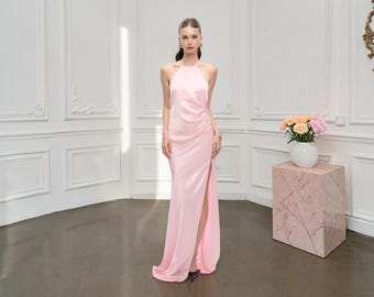 Handmade Satin Slip Dress, Side Slit, Halter Neck, Open Back with Tie Detail