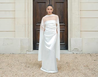Satin Strapless Maxi Slip Dress with Sheer Overlay for Modern Minimalist Wedding & Evening Gown