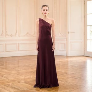 Asymmetric Draped Slip Dress, Open Back, Satin One-Shoulder Gown with Long Cascading Sash