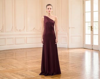 Asymmetric Draped Slip Dress, Open Back, Satin One-Shoulder Gown with Long Cascading Sash