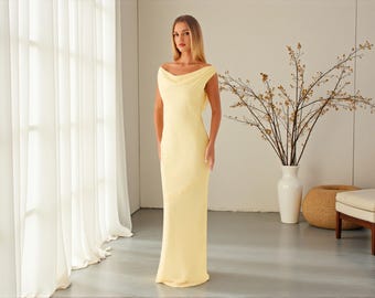 Satin Off-Shoulder Maxi Dress, Cowl Neckline, Open Back, Bridesmaid & Evening Gown