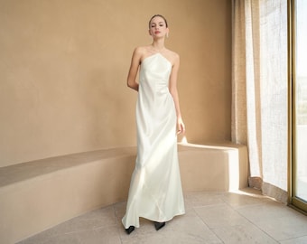 Satin Maxi Dress, Halter Neck, Open Back with Cross-Strap, Minimalist Slip Gown