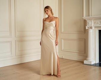 Elegant Bridesmaid & Evening Gown, Satin Slip Dress, Sweetheart Neckline, Open Back Tie, Side Slit
