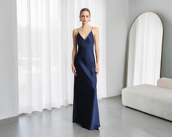 Elegant Satin Deep V Slip Dress, Spaghetti Strap Floor-Length Evening & Bridesmaid Dress