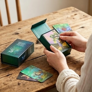 Op de afbeelding: Een groene doos met geïllustreerde kaarten met een bijpassende groene doos. De doos is open en onthult de kaarten binnenin. De kaarten bevatten kleurrijke illustraties. De set staat op een houten oppervlak.