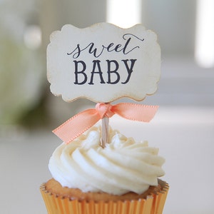 Baby Shower / Cupcake Toppers / Sweet Baby / Candy Table / Dekor / Geschlecht Neutral / Vintage Bild 1