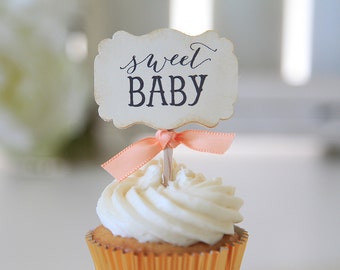 Baby Shower / Cupcake Toppers / Sweet Baby / Candy Table / Decor / Gender Neutral / Vintage