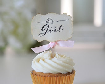 It&#39;s a girl, Baby shower, Cupcake toppers, Pink, Decor, Candy table, Favors, 12 toppers per set