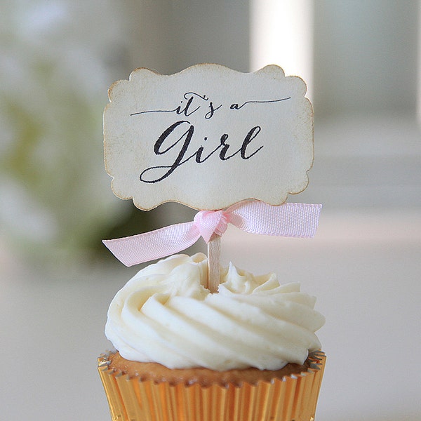 It's a girl, babyshower, cupcaketoppers, roze, decor, snoeptafel, gunsten, 12 toppers per set