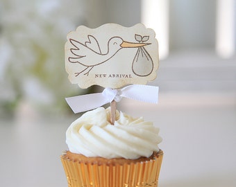 Baby Shower / Cupcake Toppers / New Arrival / Stork / Gender Neutral / 12 Toppers
