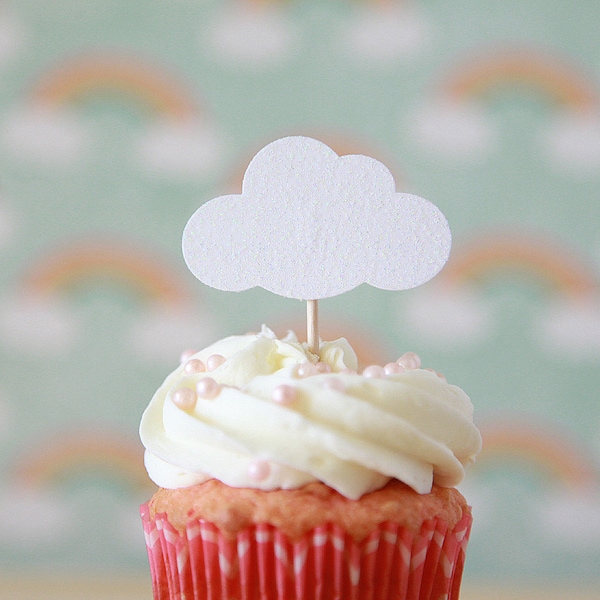 Glitter Cloud Cupcake Toppers, Rainy Day theme, Baby shower theme, 12 toppers