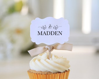 Mr. and Mr. / Wedding Cupcake toppers  / Customization / Wedding Reception Favors / Wedding date toppers / Last Name / 12 toppers