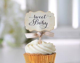 Baby Shower Cupcake toppers, Bee theme, Sweet Baby, Vintage