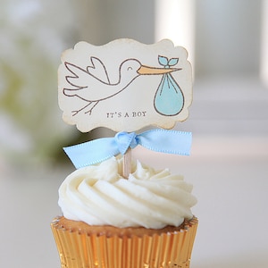 Baby Shower / Cupcake Toppers / It's a Boy / Stork / Gender Reveal / 12 Toppers image 1