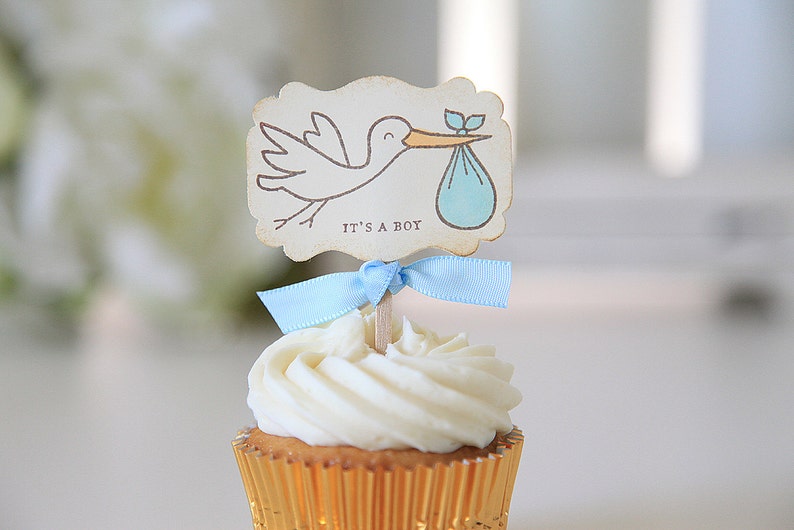 Baby Shower / Cupcake Toppers / It's a Boy / Stork / Gender Reveal / 12 Toppers image 1