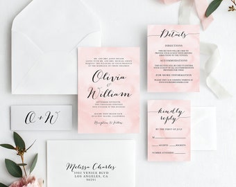 Blush Watercolor Wedding Invitation / Printable / Set / RSVP card / Details Card / Initials