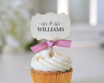 Mrs. and Mrs. / Wedding Cupcake toppers  / Customization / Wedding Reception Favors / Wedding date toppers / Last Name / 12 toppers