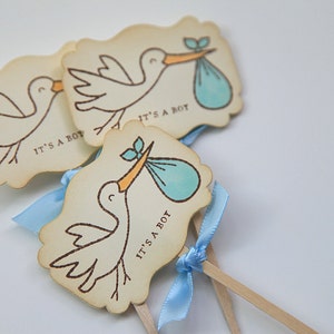 Baby Shower / Cupcake Toppers / It's a Boy / Stork / Gender Reveal / 12 Toppers image 6