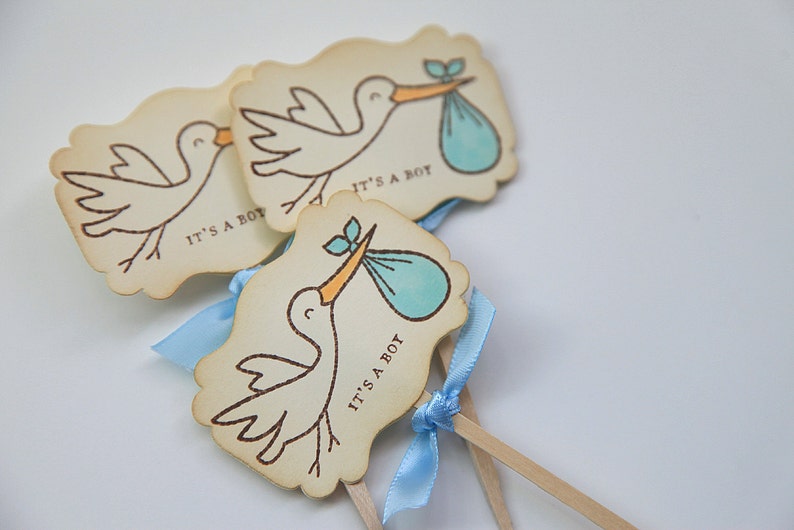 Baby Shower / Cupcake Toppers / It's a Boy / Stork / Gender Reveal / 12 Toppers image 6