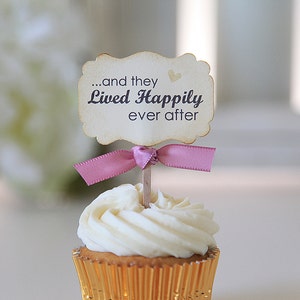 Wedding Cupcake toppers, And they lived happily ever after, Vintage style, Shabby Chic, 12 toppers image 1