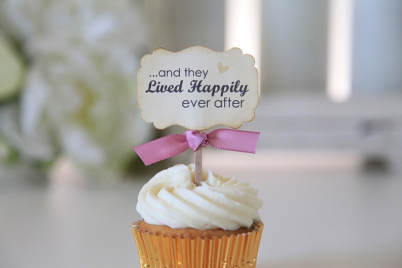 Wedding Cupcake toppers, And they lived happily ever after, Vintage style, Shabby Chic, 12 toppers image 1