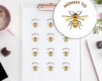 Mommy To Bee Baby Shower Cupcake Toppers, Stickers: Digital File