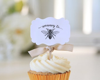 Mommy to Bee/ Cupcake Toppers / Baby Shower / 12 cupcake toppers per 1 order