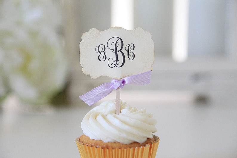 Monogram Cupcake Toppers, Weddings, Bridal Shower, 12 cupcake toppers per 1 order image 1