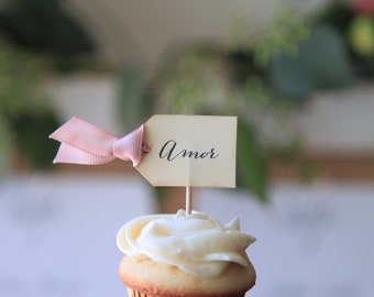 Mini Cupcake Toppers/ Amor / Wedding Cupcake toppers  / Bridal Shower / Bride to Be /  24 toppers per 1 order