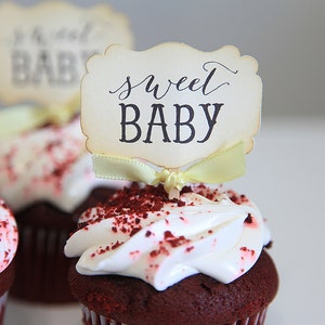 Baby Shower / Cupcake Toppers / Sweet Baby / Candy Table / Dekor / Geschlecht Neutral / Vintage Bild 3