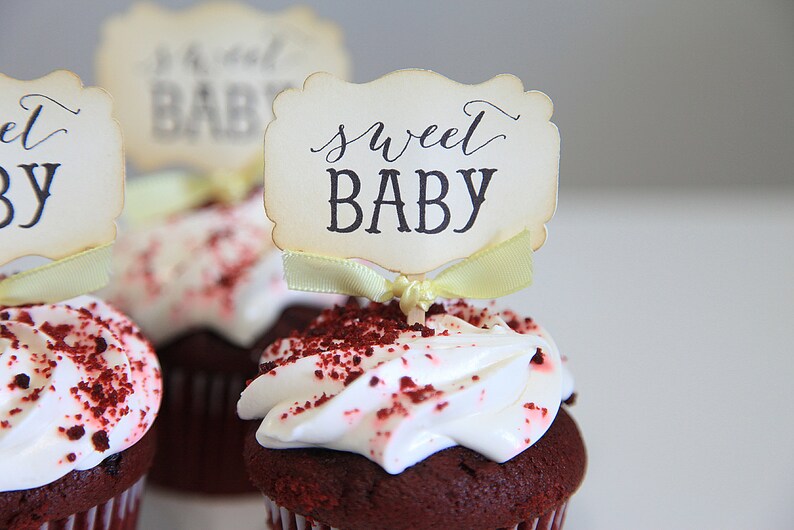 Baby Shower / Cupcake Toppers / Sweet Baby / Candy Table / Dekor / Geschlecht Neutral / Vintage Bild 3