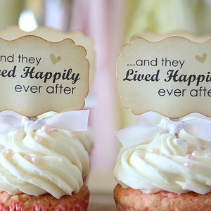 Wedding Cupcake toppers, And they lived happily ever after, Vintage style, Shabby Chic, 12 toppers image 2