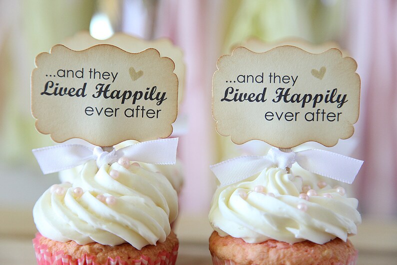 Wedding Cupcake toppers, And they lived happily ever after, Vintage style, Shabby Chic, 12 toppers image 2