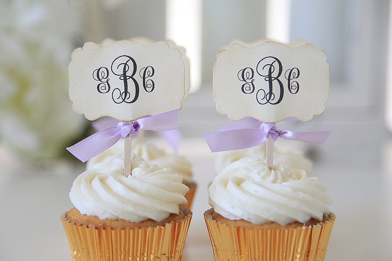 Monogram Cupcake Toppers, Weddings, Bridal Shower, 12 cupcake toppers per 1 order image 3