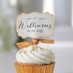 Wedding Cupcake toppers, Mr. and Mrs., Customization, Wedding Reception Favors, Wedding date toppers, Last Name, 12 toppers