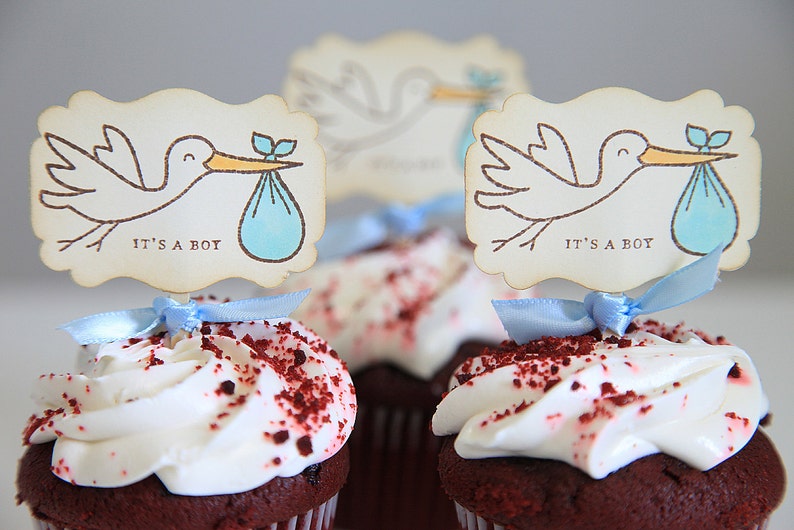 Baby Shower / Cupcake Toppers / It's a Boy / Stork / Gender Reveal / 12 Toppers image 3