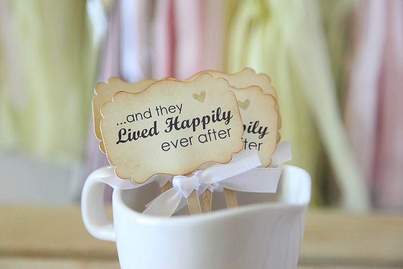 Wedding Cupcake toppers, And they lived happily ever after, Vintage style, Shabby Chic, 12 toppers image 3