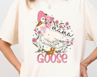 Camiseta Mama Goose, cuello redondo con estampado floral pastel de ganso, regalo para el Día de la Madre.