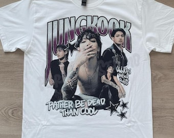 Camiseta vintage con estampado de Jungkook, camiseta urbana de BTS estilo Kpop, merchandising minimalista para fans.